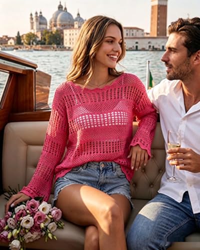 Image of Vivilli Women's Long Sleeve Sweaters Knit Summer Crochet Beach Cover Up Top | Off Shoulder Lightweight Sweater - Hollow Out Mesh Boho Tops - Loose Fit Swimsuit Coverup - Casual Vacation Resort Beach Wear