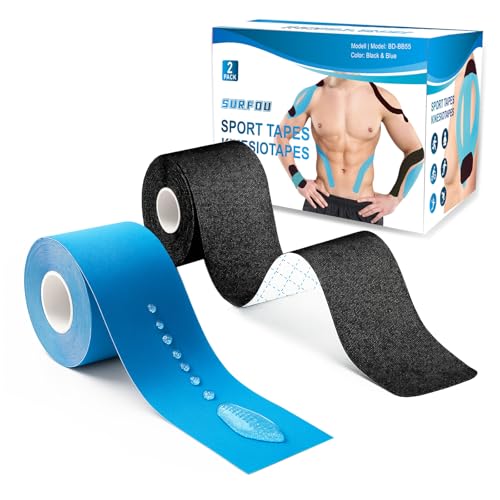 SURFOU Kinesiotapes 2 Rollen 5cm x 5m, Kinesiologie Tape Selbstklebend Blau + Schwarz, Hautfreundlich Elastisch, Tapeband für Sport, Alltag, Fitness Regeneration