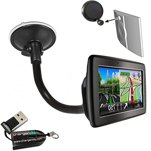 ChargerCity OEM Gooseneck Windshield Suction Cup Mount for TOMTOM VIA 1400 1405 1435 1500 1505 1535 1600 1605 1635 GPS Navigator w/Free Charger City Micro SD Memory Card Reader Writer Item include Manufacture Direct Replacement Warranty