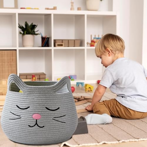 Image of ALBY Woven,Tall Wicker Laundry Basket for Blankets,Clothes,Pillows,Toys,Shoes Large Cotton Laundry Hamper for Bedroom Living Room Bathroom Nursery (15d'' x 12h'' inch, grey cat A)