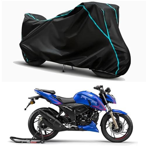 Image of Waterproof Bike Body Cover Compatible for | TVS Apache RTR 180 | Taffeta Fabric, Sky Piping Design, Bottom Elastic Fit | Dustproof, Sun UV & Rain Protection for All Weather.