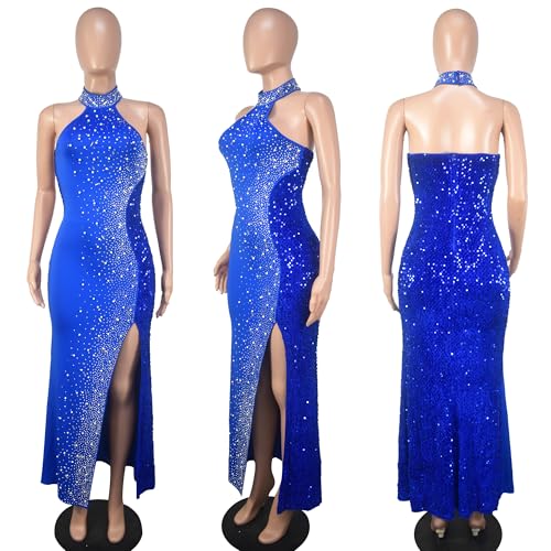 Image of Jigfar Women Sexy Elegant Rhinestone Mesh See Through Party Club Night Split Bodycon Formal Maxi Dress