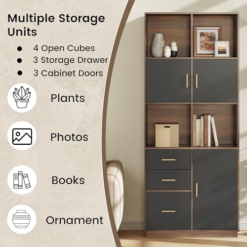 Image of ModernMate 74.6 inch Tall Bookcase with 3 Drawers & Doors, Open Cubes