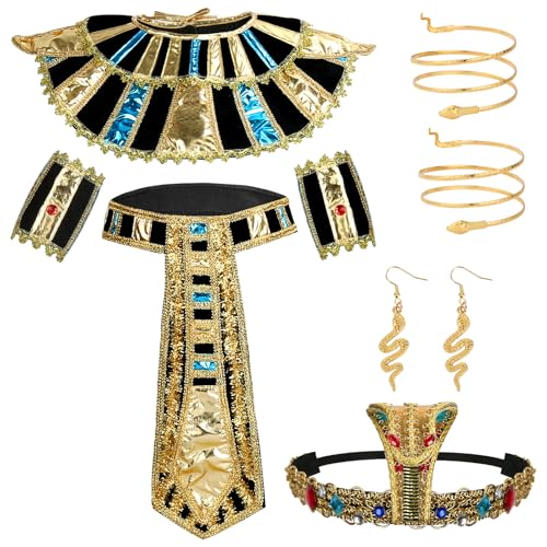ZANAUWEKED 9Pcs Egyptian Costume Accessories, Egyptian Headband Collar Belt Wristband Snake Armbands Earrings,Halloween Cleopatra Costume for Women Set Cleopatra Cosplay Costumes Multicolored