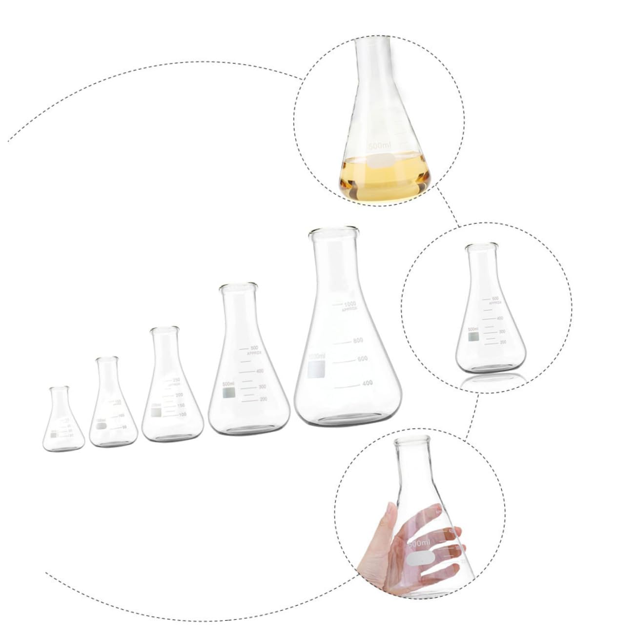 ULTECHNOVO Matraz Erlenmeyer Cónico de Vidrio 5 Piezas, Fondo Plano | Borosilicato Alto, Cuello Ancho y Graduaciones Estándar, Capacidades 50ml a 1000ml, Uso en Investigación