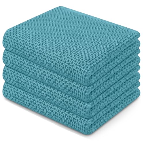 Image of Homaxy 100% Cotton Waffle Weave Kitchen Dish Towels, Ultra Soft Absorbent Quick Drying Cleaning Towel, 13 x 28 Inches, 4-Pack, Lake Blue