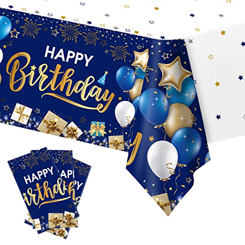 DUAIAI Happy Birthday Decorations, 3 Pcs Navy Blue and Gold Birthday Tablecloth for Boys Girls Men Women, Plastic Disposable Rectangle Table Cover for Birthday Party Supplies- 54" x 108"