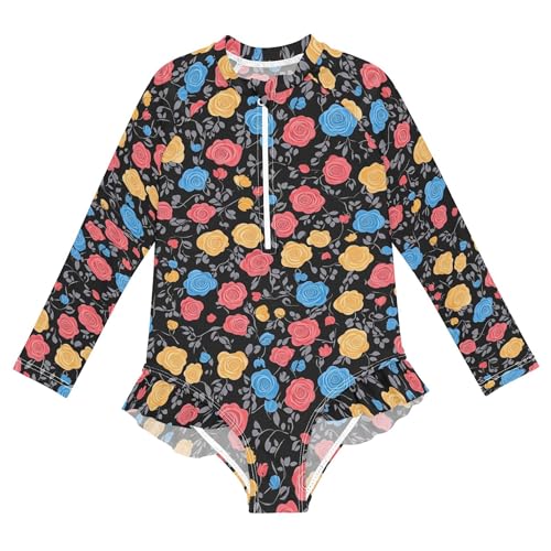 Colorful Roses Flower Girls Long Sleeve Rashguard Swimsuit UV Protection One-Piece Swimwear Bathing Suit B0404273