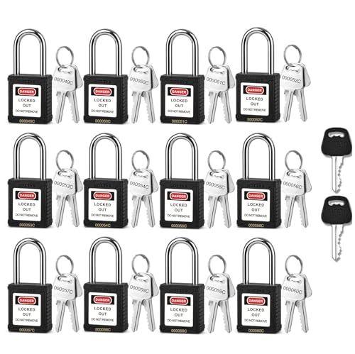 Image of Lockout Tagout Locks with 2 Master Keys|12-Pack Black OSHA Loto Lock|Keyed Different & Laser Coding|Lock Out Padlock Kits for Machinery & Electrical Panels