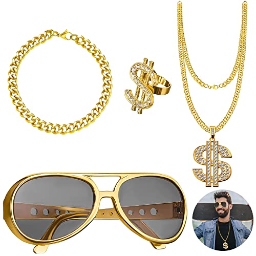 4 Stück Dollar Kette Set, Hip Hop Kostüm Set, Dollar Zeichen Halskette Ringe Sonnenbrille Hiphop Rapper Punk Gold Kette Goldring, Rapper Accessoires für Herren Fasching Karneval Party Cover