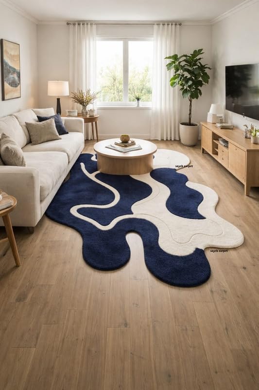 Image of Irregualr Shape Hand Tufted Carpet Pure Soft Wool Non Slip & Durable Easy to Clean Floor Area Rug Modern Design Carpet for Living Room 5X8 Feet (150x240 cm)