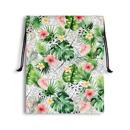 Image of Tropical Green Leaf Drawstring Bag Waterproof Storage Pouch Bags for Hiking