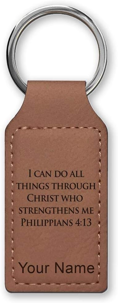 LaserGram Rectangle Keychain, Bible Verse Philippians 4-13, Personalized Engraving Included (Dark Brown)