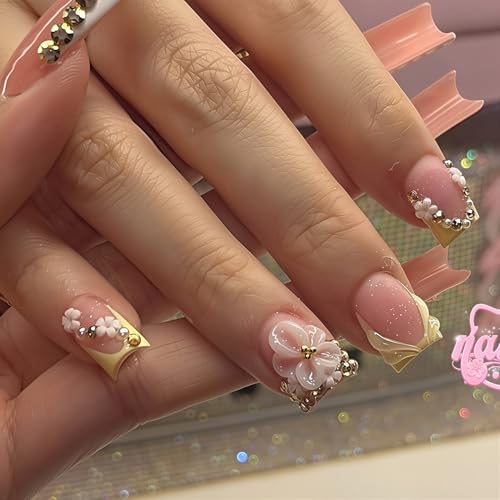24Pcs Yellow French Tip Press on Nails Short Square Fake Nails with Flower Rhinestones Designs Nude False Nails 3D Flower Acrylic Nail Spring Summer Full Cover Stick on Nails for Women Nail Decor