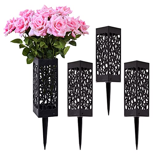 Pack 4 of Black Cemetery Vases with Spikes for Fresh Artificial Grave Flowers,Plastic Flower Holder for Cemetery Grave