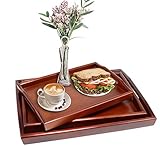 Reliancer Set of 3 Large Wooden Serving Trays w/Handles Nesting Breakfast Serving Trays Decorative Rectangular Wood Display Tray Set Nested Food Tray Butler Serving Tray for kitchen Party Dinner