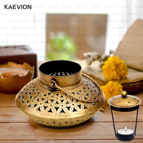 Image of Metal Brass Dhoop Dani Degchi Style Tea Light Candle Holder | Medium Size 7 inch in Wall Hanging Table Top Dhoop Stand Home Decor | Incense Dhup Burner for Pooja Room or Diwali Decoration