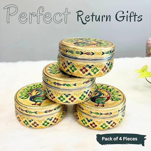 Image of NAVRANG Stainless Steel Container Box Meenakari Storage Box /Chapati /Roti Peacock Design (Pack of 4, Golden)