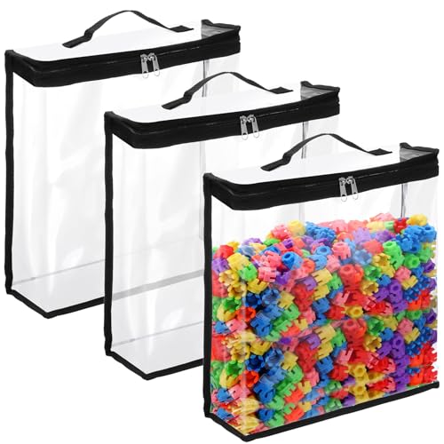 GliCraft 3 Pcs Toy Storage Bags with Zipper Clear PVC Organizing Bags with Zippered Waterproof for Storage Transparent Plastic Travelling Pouch for Toys Building Blocks Kids Books Puzzles