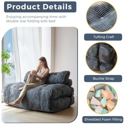 Image of MAXYOYO Folding Sofa Bed, Convertible Chair Bed with Pillow | Foldable Couch with Back Support, Portable Fold Out Chair Comfy Floor Sofa for Living Room Bedroom, Dark Grey, Double