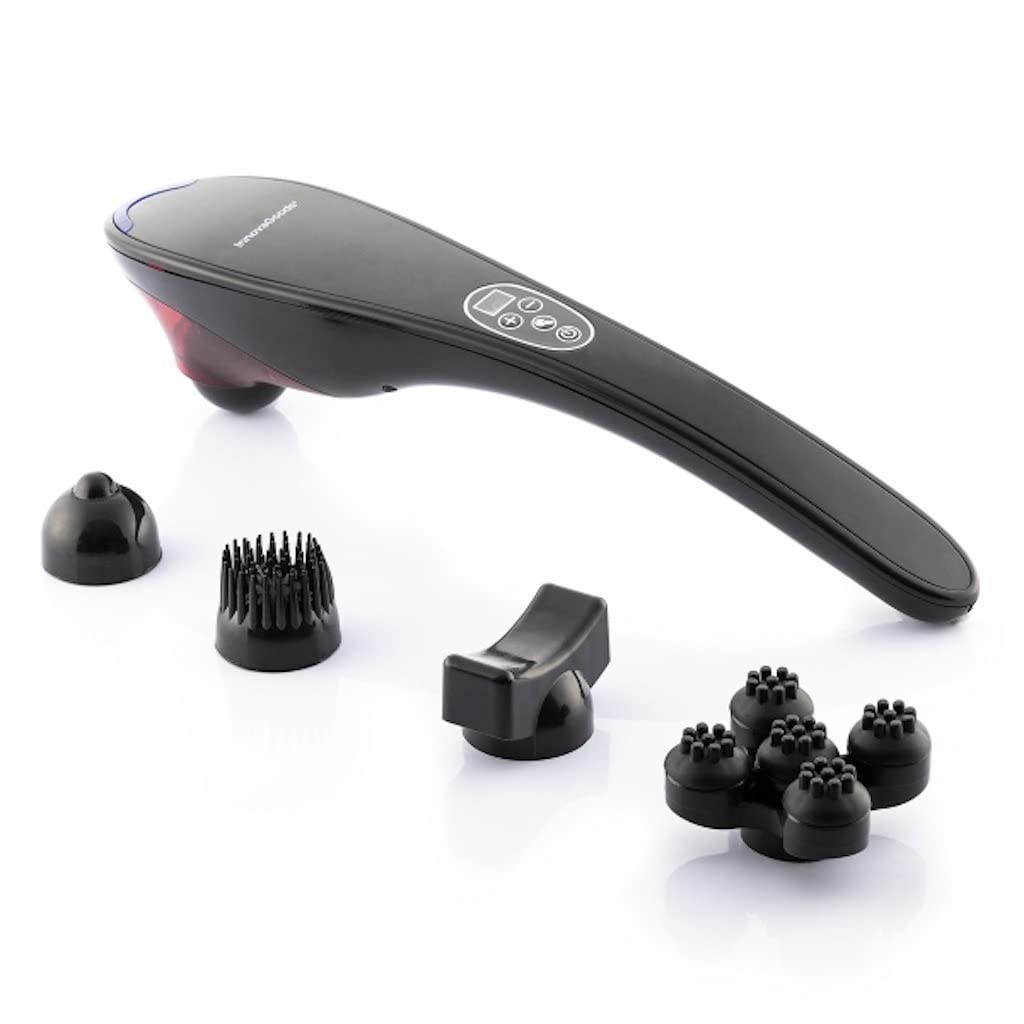 Masajeador manual eléctrico – Masajeador portátil – Masajeador cervical – Masajeador trasero – 5 cabezales de masaje – 10 niveles de intensidad