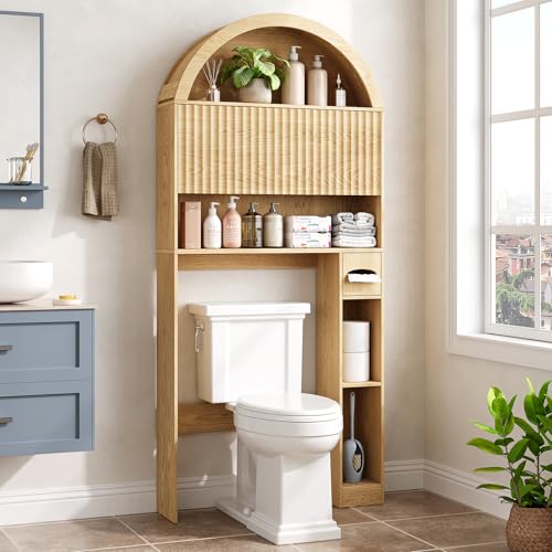 Image of 31 inch W Arched Over The Toilet Storage Cabinet, Fluted Doors, Natural