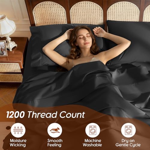 Image of 100% Egyptian Cotton Sheet Set 4 Pcs , 1200 TC, 16 inch Deep Pocket Sheet Queen | Long Staple Cotton Sheet, Soft and Breathable, 1 Fitted Sheet, 1 Flat Sheet, 2 Pillowcase Cozy for All Season, Black
