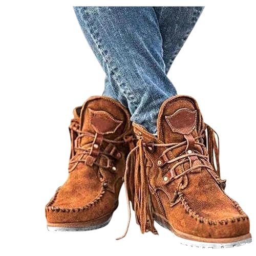 Fringe Cowboy Ankle Boots for Women,Boho Boots,Ethnic Retro Fringe Rivet Slip on Ankle Booties,Womens Solid Color Lace Up Round Toe Chunky Bottom Heels Low Top Short Booties Casual Warm2