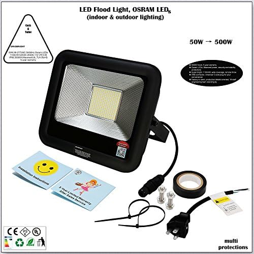 ORiGBRiGHT 50W LED Flood Light, Work Light, Osram LED, 115lm/W 5636lm, 4500K, Meanwell Power, IP66, UL, 5-Year Warranty, Stability Security Protections, US Plug, Indoor, Outdoor, Tennis Court, Facade