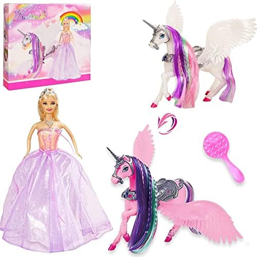 Yellow River Color Changing Unicorn & Princess Doll, Color Change on Whole Unicorn Under Sunshine, 12'' Doll and 11'' Unicorn Toys & Gifts with Removable Saddle & Wings, Unicorn Gift for Girls