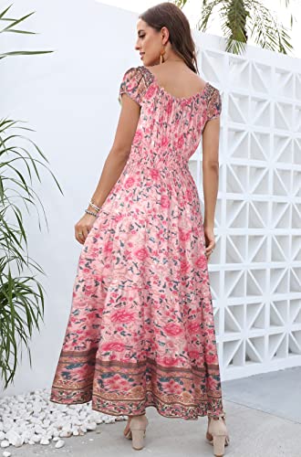Image of OSTOO Women's Floral Maxi Dress Boho Summer Short Sleeve Smocked Waist Tiered Long Dress