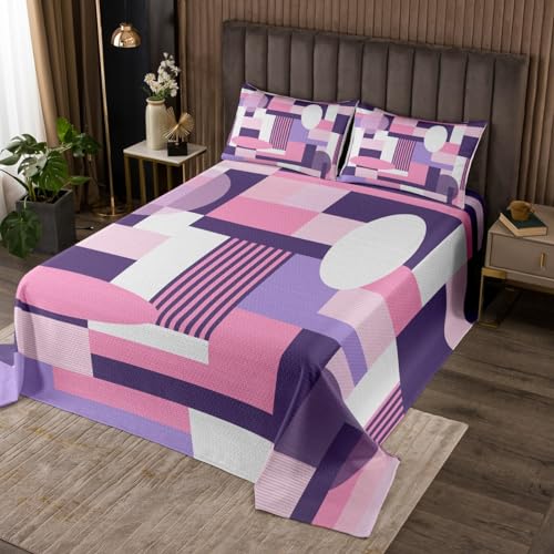 Feelyou Geometric Bedspread Queen Size Pink White Purple Quilted Coverlet for Boys Girls Teens Geometry Rectangle Square Coverlet Set Modern Abstract Art Quilted Room Decor Quilt Set