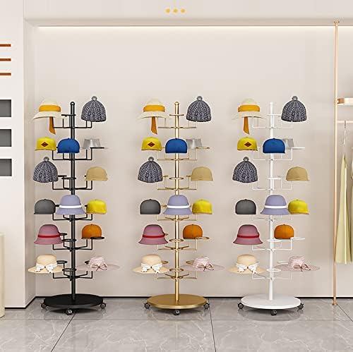 Commercial Modern Hats Display Rack Rotating Retail Hat Rack Stand with Wheels, Vertical Metal Hat Organizer for Multiple Wigs/Caps, 4 5 6 7 8 Tier Hat Headwear Racks,Black-4 Layer