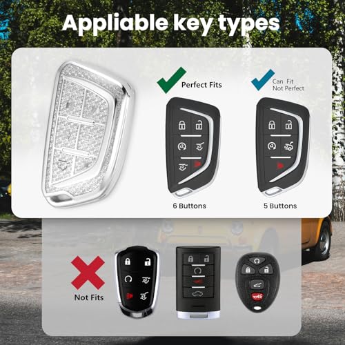 Image of Key Fob Cover for Cadillac escalade, Rhinestone Wristlet, White | Wear-resistant TPU shell, non-stretch rhinestone wristlet, daily splash, scratch and drop protection, normal signal use