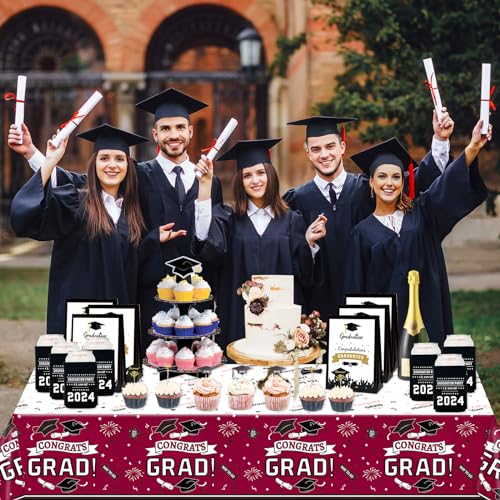 Image of Oigco Graduation Party Decorations, Congrats Grad Graduation Tablecloth for 2026 Graduation Party Supplies, 3 Pack Maroon Disposable Plastic Table Cover, 54 inchx108 inch
