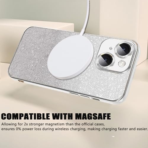Image of Misscase for iPhone 14 Magnetic Glitter Case Compatible with MagSafe,Full Protection Slim Shockproof Anti-Scratch Case with Camera Lens Protector Logo View Dust-Proof Net for Women Silver