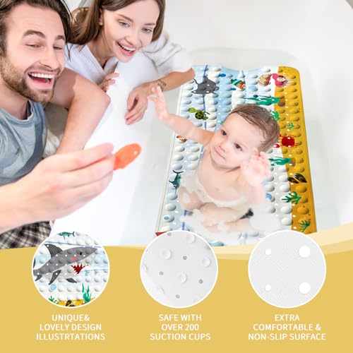Image of PRATIQUE Kids Bath Mat for Tub Non Slip,40 X 16 Inch Extra Long Kids Bathtub Mat Ocean Bathtub Shower Mat Safety Anti Slip with Suction Cups and Drain Holes, Machine Washable(Shark)