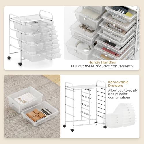 Image of LDAILY 12 Drawer Rolling Storage Cart, Rolling Cart with Drawers for Classroom, Art Supply Craft Organizer on Wheel with Metal Frame & Handles for Home Office School (Clear, 12 Drawer Left-Right)