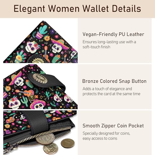 Image of Kelvoris Skull Small Rfid Women Wallet Bifold Zipper Coin Pocket PU Leather Compact Cash Credit Card Holder Travel Wallet for Female Ladies Teen Girls 1 ID Window 10 Card Slots Day of The Dead