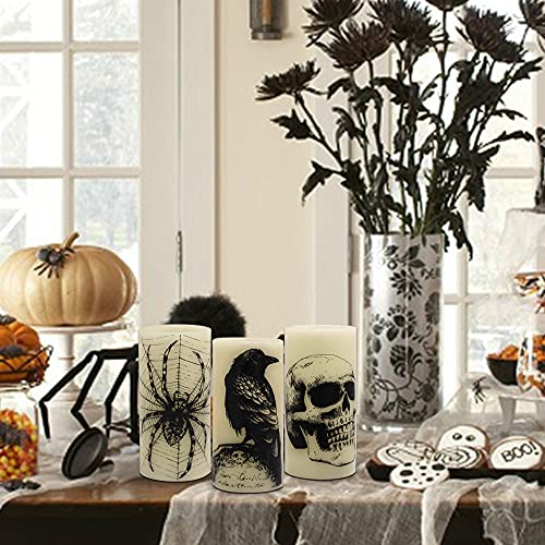 Eldnacele Halloween ing Candles with Skull, Spider Web, Crow Raven Decals Set of 3, Battery Operated Halloween Themed LED Candles Horror Spooky Decoration