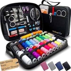 VelloStar Kit de costura para adultos y niños: 100 accesorios y suministros de costura, hilos de 24 colores, kit de aguja e hilo para pequeñas reparaciones, mini, de viaje, reparación de emergencia