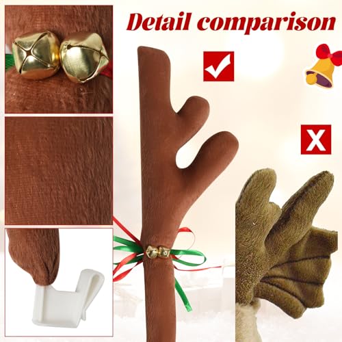 Image of Christmas Car Reindeer Antlers with Red Nose, Tail & Jingle Bells Kit, Vehicle Xmas Decoration Rudolph Reindeer for SUV, Van, Truck