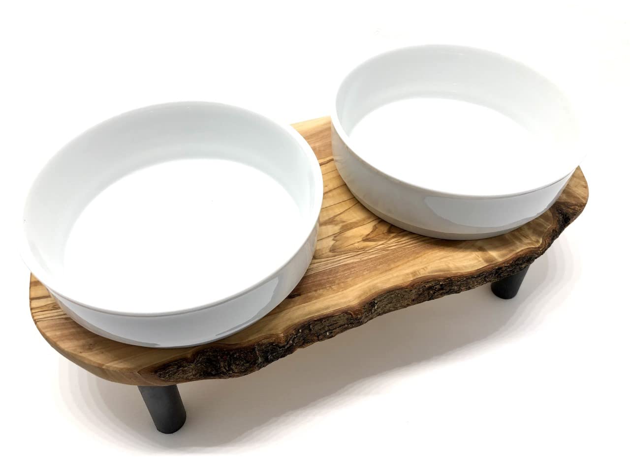 D.O.M. Rusty Plus karmnik (2 x miska porcelanowa 0,9 litra) z drewna oliwkowego, podnoszona na pokarm i wodę