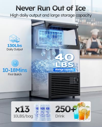 Image of Mojgar Commercial Ice Maker 130lbs /24H with 40lbs Ice Storage 2 Water Inlet