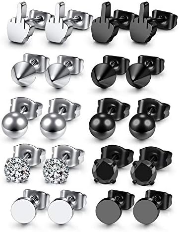 AllerPierce 10 - 13 Pairs Stainless Steel Stud Earrings for Men Silver Black Mens Earrings CZ Screw Studs Punk Rock Earring Hypoallergenic Men's Earrings Jewellery Set for Boys