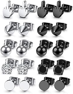 AllerPierce 10 - 13 Pairs Stainless Steel Stud Earrings for Men Silver Black Mens Earrings CZ Screw Studs Punk Rock Earring Hypoallergenic Men's Earrings Jewellery Set for Boys