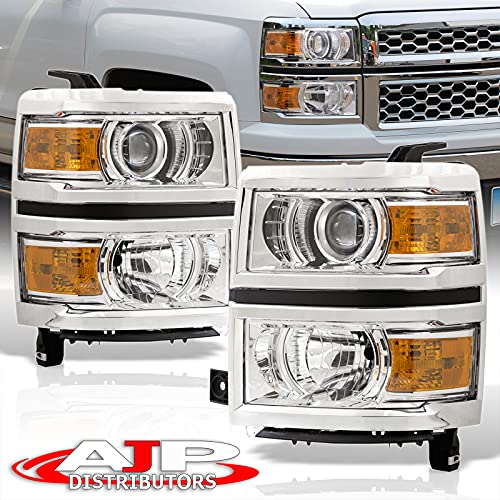 AJP Distributors Chrome Amber Front Driving Projector Headlights Headlamps Head Lights Lamp Bumper Signal Assembly Pair Set LH RH Compatible/Replacement For Chevy Silverado Pickup 1500 2014 2015 14 15