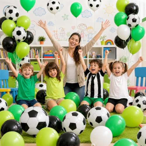 Image of Green Soccer Balloons, Green Black and White Football Theme Balloons with 4D Foil Football Balloon for Boys Kids Soccer Birthday Sports Themed Baby Shower Graduation Party Decorations