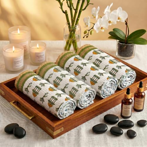 Image of Mafatlal Madhuban 250 GSM Waffle Bathing Towel Set | 4 Hand Towels 76 x 38 cm Each | Textured Weave | Body Scrubbing, Exfoliating & Cleansing Towels | Mustard Yellow
