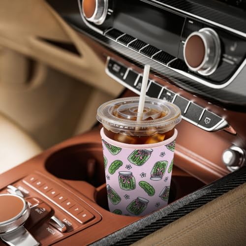 Image of Insulated Neoprene Cup Sleeve for Iced Coffee & Cold Soda - Reusable & Sweatproof, Keeps Drinks Cold Longer, Coffee Coolie for Hot & Iced Drinks (Cute Pickles, Medium: 22-24oz)